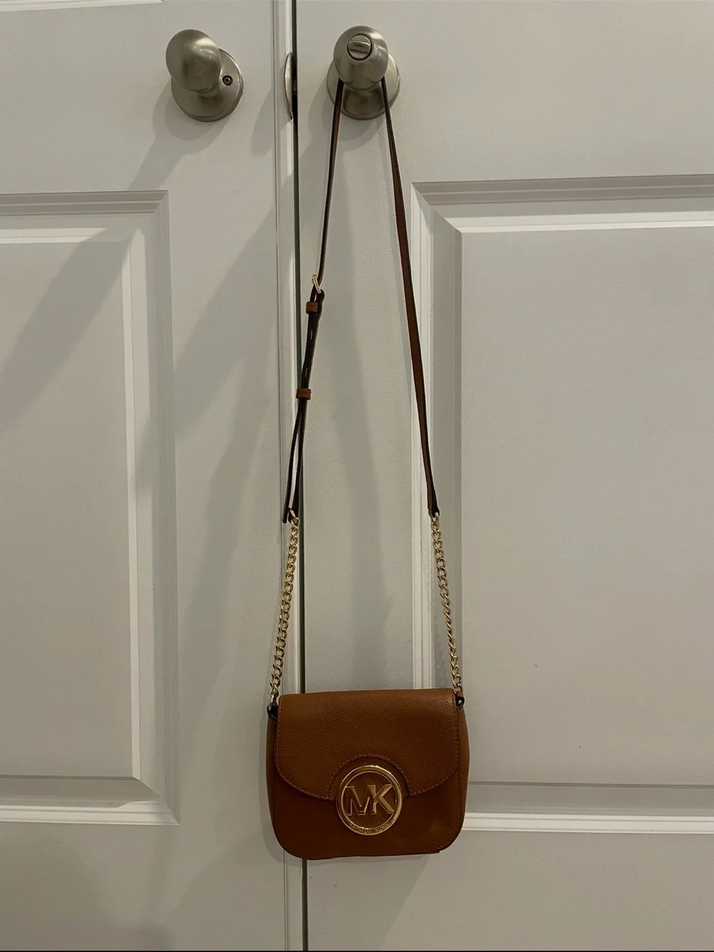 Michael Kors Chestnut Leather Crossbody with Gold MK Emblem